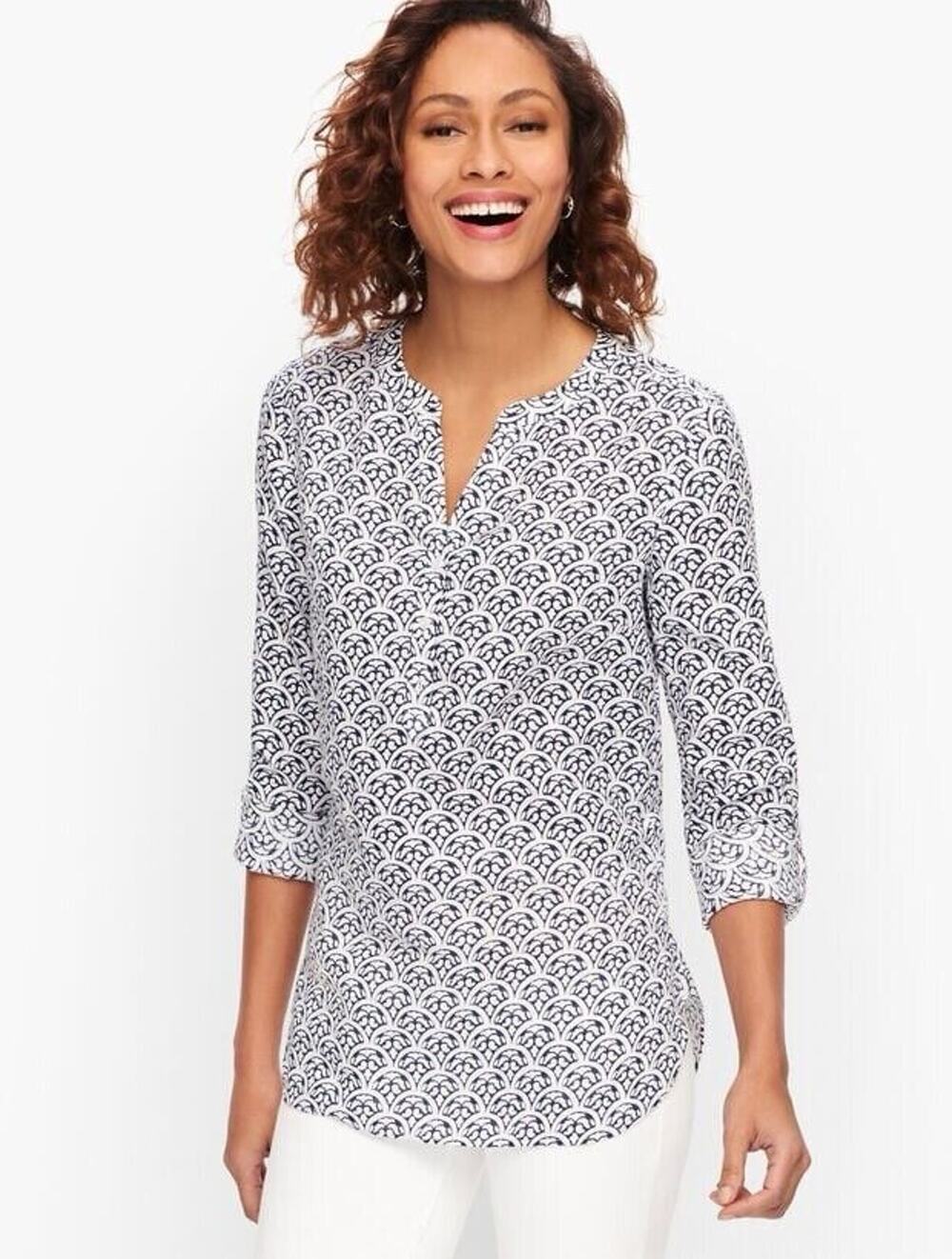 Talbots Linen Camp Popover Top MP Blue White Tile Print Roll-Tab Sleeves Coastal